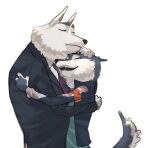  2022 anthro canid canine canis clothing daughter dududud_duu duo embrace eyes_closed father female illumination_entertainment jacket jimmy_crystal male mammal parent porsha_crystal shirt simple_background sing_(movie) smile suit topwear white_background wolf 