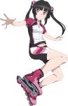  1girl absurdres bike_shorts black_hair black_shorts bow chuunioniika floating_hair full_body groin hair_bow hair_intakes highres long_hair looking_to_the_side midriff outstretched_arms parted_lips pink_bow pink_footwear red_eyes roller_skates senki_zesshou_symphogear shiny shiny_hair shiny_skin short_sleeves shorts skates solo stomach transparent_background tsukuyomi_shirabe wing_collar zipper 