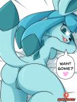  anthro anus bed_sheet bedding big_butt black_nose blue_body blue_ears blue_eyes blue_inner_ear breasts butt eeveelution female genitals glaceon hi_res i_am_kat95 looking_at_viewer looking_back looking_back_at_viewer mammal nintendo pink_tongue pok&eacute;mon pok&eacute;mon_(species) pok&eacute;morph pussy raised_tail simple_background solo tongue video_games white_background 