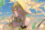  1girl ;) armor bangs blonde_hair blue_sky blurry blurry_background breastplate breasts cleavage closed_mouth cloud day detached_sleeves eyebrows_visible_through_hair floating_hair green_eyes hair_between_eyes hair_tubes large_breasts leafa_(terraria) long_hair looking_at_viewer nina_sukinamono one_eye_closed outdoors ponytail sidelocks sky smile solo sword_art_online upper_body very_long_hair 