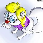  absurd_res anthro bent_over blonde_hair blue_eyes bottomless candy clothed clothing dessert ear_piercing ear_ring eyewear female food freckles fur glasses gradient_background hair hi_res licking_lollipop lollipop looking_at_viewer mammal piercing purple_clothing purple_shirt purple_topwear shirt simple_background solo teenager tongue tongue_out topwear unbakable violette_oksin white_body white_fur young 
