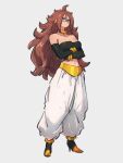  1girl android_21 bare_shoulders blue_eyes breasts brown_hair choker cleavage crossed_arms dragon_ball dragon_ball_fighterz earrings full_body grey_background hoop_earrings jewelry kemachiku long_hair looking_at_viewer majin_android_21 medium_breasts midriff navel simple_background solo standing yellow_choker 