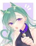  1girl :o animal_ear_fluff animal_ears bangs bell breasts cat_ears cat_girl cat_tail clenched_hand collarbone eyebrows_visible_through_hair green_hair halter_top halterneck hatori_naco highres kemonomimi_mode looking_at_viewer medium_breasts open_mouth paw_pose portrait purple_eyes solo tail virtual_youtuber vspo! yakumo_beni 