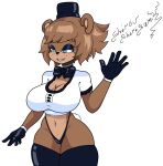  absurd_res animatronic anthro big_breasts bow_tie breasts brown_body cleavage clothed clothing female five_nights_at_freddy&#039;s freddy_(fnaf) fredina&#039;s_nightclub fredina_(cally3d) gesture hair hat headgear headwear hi_res humanoid legwear machine mammal robot scottgames shirou_shirigamy simple_background smile solo stockings thick_thighs thigh_highs thong underwear ursid video_games waving white_background 