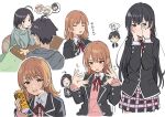  1boy 3girls ahoge bangs black_eyes black_hair black_jacket blazer blush brown_eyes can canned_coffee character_request closed_eyes collared_shirt ear_blush fanning_face hair_ornament hands_on_own_face hikigaya_hachiman hikigaya_komachi isshiki_iroha jacket jitome kotatsu long_hair long_sleeves looking_at_viewer multiple_girls multiple_views neck_ribbon open_clothes open_jacket open_mouth orange_hair pink_sweater ribbon school_uniform shirt short_hair simple_background skirt sobu_high_school_uniform speech_bubble spoken_character sweat sweater table teshima_nari under_kotatsu under_table white_background white_shirt x_hair_ornament yahari_ore_no_seishun_lovecome_wa_machigatteiru. yukinoshita_yukino 