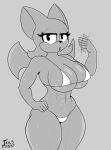  anthro big_breasts bikini black_and_white bodily_fluids breasts chiropteran clothed clothing female hi_res looking_at_viewer mammal membrane_(anatomy) membranous_wings monochrome open_mouth rouge_the_bat sega simple_background solo sonic_the_hedgehog_(series) sweat swimwear tailsmight thick_thighs tight_clothing video_games wings 