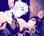  2boys dio_brando earrings gradient height_difference jewelry jojo_no_kimyou_na_bouken kabedon kujo_jotaro large_pectorals less_end male_focus multiple_boys muscular muscular_male no_hat no_headwear pectorals sepia stardust_crusaders yaoi 