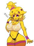  absurd_res animatronic anthro avian big_breasts bird breasts chica_(cally3d) chica_(fnaf) chicken cleavage clothed clothing feathers female five_nights_at_freddy&#039;s fredina&#039;s_nightclub galliform gallus_(genus) hair hi_res humanoid legwear machine open_mouth phasianid robot scottgames shirou_shirigamy shirt simple_background solo stockings tank_top thick_thighs thigh_highs thong topwear underwear video_games white_background yellow_body 