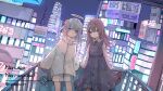  2girls absurdres aiamu_iamu aqua_eyes artist_name black_dress blue_eyes brown_hair city cityscape clothing_request coat commentary commentary_request dress english_text grey_hair halo highres leaning_on_rail looking_at_viewer multiple_girls neon_lights original shorts signature standing tower white_coat white_shorts 