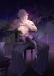  1boy abs absurdres armlet blurry bonsai chair depth_of_field earrings facial_mark green_nails hair_down hakama hands_up highres indoors interlocked_fingers japanese_clothes jewelry kimetsu_no_yaiba looking_at_viewer male_focus medium_hair multicolored_nails multiple_earrings nail_polish navel own_hands_together pleated_pants purple_eyes red_nails sash sitting smile solo stool sunlight tabit tatami toned toned_male topless_male uzui_tengen wallpaper_(object) white_hair white_legwear zm-panda- zouri 
