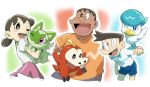  1girl 2boys :d ;d blue_shorts brown_hair crossover doraemon fuecoco gouda_takeshi highres holding holding_pokemon honekawa_suneo hungry_seishin minamoto_shizuka multiple_boys on_shoulder one_eye_closed orange_shirt pink_skirt pokemon pokemon_(creature) quaxly shirt short_hair shorts sketch skirt smile sprigatito starter_pokemon_trio twintails very_short_hair white_shirt 