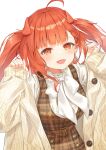  1girl :d absurdres ahoge animal_ears bangs belt blush breasts earrings eyebrows eyebrows_visible_through_hair fang hands_up highres jewelry large_breasts long_hair long_sleeves looking_at_viewer open_mouth original red_eyes red_hair sleeves_past_wrists smile solo twintails yuu_maraa 