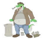  absurd_res alligator alligatorid anthro beverage_can blue_bottomwear blue_clothing blue_jeans blue_pants bottle bottomwear brown_clothing brown_footwear brown_hat brown_headwear brown_shoes brown_topwear burping canson claws clothing cregon crocodile crocodilian crocodylid denim denim_clothing fedora footwear green_body green_scales grey_clothing grey_shirt grey_topwear hat headgear headwear hi_res jeans keg male onomatopoeia open_mouth overweight overweight_anthro overweight_male pants reptile scales scalie shaded shirt shoes simple_background simple_shading solo sound_effects text topwear trash white_body white_scales yellow_sclera 