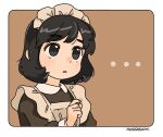  ... 1girl akai_sashimi apron artist_name bangs black_dress black_eyes black_hair blush brown_background dress eyebrows_visible_through_hair maid maid_apron maid_headdress open_mouth original pinching_gesture short_hair simple_background solo spoken_ellipsis upper_body white_apron 