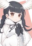  1girl absurdres bangs black-headed_ibis_(kemono_friends) black_gloves black_hair black_ribbon blunt_bangs blush braid breasts brown_eyes commentary_request eyebrows_visible_through_hair feathered_wings frilled_sleeves frills fur_trim gloves hands_up head_wings highres kemono_friends long_hair long_sleeves medium_breasts neck_ribbon parted_lips pink_background ribbon shirt solo steepled_fingers sunanuko_(ramuneko) twin_braids two-tone_background upper_body white_background white_shirt white_wings wide_sleeves wings 