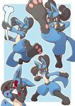  1boy acky blood blood_on_face bone closed_mouth commentary_request furry hat highres holding kicking looking_at_viewer lucario pokemon pokemon_(creature) red_eyes smile solo spikes weapon 