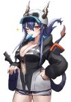  1girl arknights baseball_cap black_jacket blue_hair breasts ch&#039;en_(arknights) ch&#039;en_the_holungday_(arknights) cleavage cowboy_shot dragon_girl dragon_horns dragon_tail eyewear_on_headwear folded_ponytail food food_in_mouth hair_between_eyes hand_on_hip hat highres horns horns_through_headwear jacket large_breasts long_hair looking_at_viewer official_alternate_costume one_eye_closed open_mouth partially_unzipped popsicle raw_egg_lent red_eyes simple_background solo sunglasses tail white_background white_headwear 