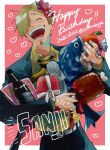  1boy beard blonde_hair closed_eyes commentary_request facial_hair food gift goatee hair_over_one_eye heart holding holding_food male_focus one_piece open_mouth oversized_food sanji short_hair solo stubble symbol-only_commentary zs_kimkage 