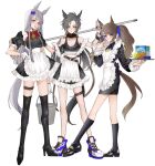  3girls air_shakur_(umamusume) animal_ears anno88888 black_hair boots breasts brown_hair commentary_request full_body gold_ship_(umamusume) highres horse_ears horse_girl horse_tail long_hair looking_at_viewer maid medium_breasts medium_hair multiple_girls simple_background tail thigh_boots thighhighs tongue tongue_out tosen_jordan_(umamusume) umamusume white_background 