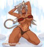  1girl abs animal_ear_fluff animal_ears armpits arms_behind_head bangs breasts choker commentary dark-skinned_female dark_skin english_commentary eyepatch ghislaine_dedoldia kneeling large_breasts looking_at_viewer muscular muscular_female mushoku_tensei navel one_eye_covered patreon_username red_choker red_eyes rtil scar solo tail tail_ornament tail_ring thighs water waterfall wet 