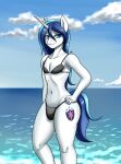  anthro anthrofied bikini blue_eyes blue_hair blue_nails blue_tail bulge clothing cloud colored_nails cutie_mark day equid equine eyelashes friendship_is_magic girly hair half-closed_eyes hand_on_hip hi_res horn long_hair male mammal my_little_pony nails narrowed_eyes navel shining_armor_(mlp) solo swimwear unicorn water zachc 