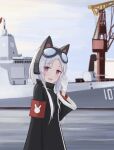  1girl absurdres animal_ears arm_up azur_lane bangs black_jacket blush cat_ear_headphones chang_chun_(azur_lane) eyebrows_visible_through_hair eyewear_on_head fake_animal_ears gloves headphones headset highres jacket long_hair looking_at_viewer military military_vehicle open_mouth purple_eyes retrofit_(azur_lane) safety_glasses scenery shasha_(shasha159357) ship silver_hair simple_background solo standing tears warship watercraft white_gloves 