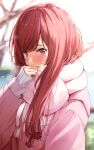  1girl bangs blurry blush bokeh breath coat depth_of_field duffel_coat full-face_blush hair_in_scarf hand_to_own_mouth highres idolmaster idolmaster_shiny_colors looking_at_viewer nira_(vira) oosaki_amana outdoors pink_coat pink_scarf red_eyes red_hair scarf solo sweater swept_bangs upper_body 