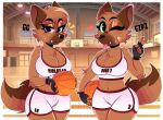  absurd_res anthro ball basketball basketball_(ball) basketball_court bottomwear breasts brown_body brown_fur brown_hair canid canine canis chest_tuft clothing domestic_dog duo elbow_tufts eyebrow_piercing eyebrow_through_hair eyebrows eyelashes facial_piercing fangs female fingerless_gloves fur gesture gloves green_eyes hair handwear hi_res inside mammal midriff navel one_eye_closed piercing purple_eyes rose_naire shorts sibling sister sisters tongue tongue_out translucent translucent_hair tuft v_sign violet_naire wink wireless_shiba 