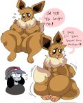  anthro big_breasts big_butt breasts butt clothing dialogue eevee female furry_breasts hi_res huge_butt lewd_dorky male nintendo nude pok&eacute;mon pok&eacute;mon_(species) shirt simple_background topwear video_games white_background 