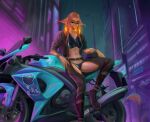  animal_humanoid anthro ariwalter avian avian_humanoid city cyberpunk female hi_res humanoid latex motorcycle neon night outside solo solo_focus vehicle 