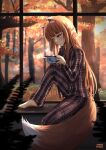  1girl animal_ears artist_name autumn autumn_leaves barefoot blush brown_hair coffee coffee_mug cup fern highres holo leg_up long_hair mug nyaxxy pajamas red_eyes smile solo spice_and_wolf tail window wolf_ears wolf_tail 