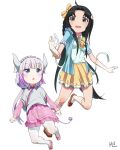  2girls absurdres araragi_tsukihi black_hair blue_eyes crossover dress gabriel_pavani highres horns kanna_kamui kobayashi-san_chi_no_maidragon legs long_hair monogatari_(series) multiple_girls shoes signature skirt thighhighs thighs white_background white_hair white_legwear 