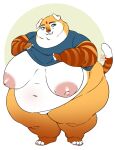 anthro areola big_areola big_breasts breasts clothed clothing clothing_lift felid female hi_res inverted_nipples kyrosh lucy_(kyrosh) mammal nipples obese overweight pantherine presenting shirt shirt_lift smile solo standing tiger topwear 