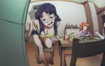  1boy 2girls blurry blush bottle breasts can chopsticks cleavage dark_blue_hair depth_of_field drunk eating food head_tilt highres holding holding_chopsticks ikari_shinji indoors katsuragi_misato kitchen large_breasts long_hair looking_at_viewer multiple_girls neon_genesis_evangelion open_mouth orange_hair shermugi short_shorts shorts sitting smile solo_focus souryuu_asuka_langley table two_side_up 