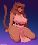  animal_humanoid big_breasts blue_background breasts brown_hair cat_humanoid clothed clothing felid felid_humanoid feline feline_humanoid female hair humanoid kneeling mammal mammal_humanoid simple_background solo tsudamaku 