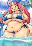 antennae_(anatomy) anthro belly big_breasts bikini bikini_bottom bikini_top blue_clothing breast_squish breasts chubby_female clothing drokmars female hi_res light long_neck milotic nintendo partially_submerged pok&eacute;mon pok&eacute;mon_(species) red_eyes slightly_chubby smile solo squish sunlight swimwear text tight_clothing tight_fit video_games water 