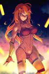  1girl abs at2. blaze_(minecraft) blonde_hair bra breasts cleavage closed_mouth dark-skinned_female dark_skin eyebrows_visible_through_hair highres large_breasts looking_at_viewer minecraft narrowed_eyes panties personification red_bra red_panties solo toned underwear yellow_eyes 