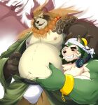  2022 absurd_res anthro asian_clothing belly belly_grab blush brown_body canid canine canis clothing domestic_dog duo east_asian_clothing eyepatchedfloof fundoshi green_body gyobu headphones headphones_around_neck hi_res humanoid_hands japanese_clothing lifewonders live-a-hero male male/male mammal mokdai moobs navel nipples one_eye_closed overweight overweight_male raccoon_dog tanuki tattoo tokyo_afterschool_summoners underwear video_games white_clothing white_fundoshi white_underwear 