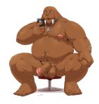  2022 absurd_res anthro belly blush brown_body cellphone chair furniture genitals hi_res humanoid_genitalia humanoid_hands humanoid_penis jumperbear kemono male mammal marine moobs navel nipples overweight overweight_male penis phone pinniped simple_background sitting smartphone solo walrus white_background 