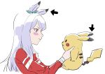  1girl absurdres animal_ears arrow_(symbol) blush_stickers closed_mouth crossover ear_bow eye_contact highres holding holding_pokemon horse_ears jacket long_hair long_sleeves looking_at_another makasero mejiro_mcqueen_(umamusume) pikachu pokemon pokemon_(creature) purple_eyes red_jacket simple_background track_jacket trait_connection umamusume white_background 