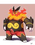  2022 absurd_res anthro belly biped black_body danipika emboar erection fire genitals hi_res humanoid_genitalia humanoid_penis male nintendo orange_body overweight overweight_male penis pok&eacute;mon pok&eacute;mon_(species) simple_background solo video_games 