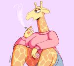  anthro cigarette clothing female giraffe giraffid holding_cigarette holding_object lenomon mammal smoking solo sweater topwear 