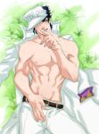  1boy birthmark black_hair coat coat_removed diamond_wa_kudakenai field finger_to_mouth grass green_eyes hat joestar_birthmark jojo_no_kimyou_na_bouken kujo_jotaro large_pectorals less_end lying male_focus muscular muscular_male on_back pectorals smirk solo 