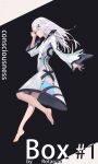  1girl absurdres artist_name bangs barefoot breasts collared_dress covered_eyes dress floating grey_hair highres long_hair long_sleeves original rotarran shiny shiny_clothes sleeves_past_wrists small_breasts solo white_dress white_hair wide_sleeves 