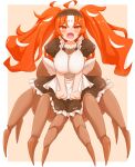  1girl absurdres ahoge angry arachne arthropod_girl beige_background blush breasts clenched_hands commentary frills full_body hairband highres hikyou_takarasou large_breasts long_hair looking_at_viewer maid monster_girl multicolored_hair open_mouth orange_eyes orange_hair original puffy_short_sleeves puffy_sleeves short_sleeves simple_background solo spider_girl taur tears twintails two-tone_hair white_hair 