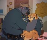  2022 anthro barely_visible_genitalia barely_visible_penis benjamin_clawhauser blush bodily_fluids bottomwear bovid bovine cheetah chief_bogo clothing dessert detailed_background disney doughnut drooling duo eyes_closed felid feline food genitals hi_res inside kemono male male/male mammal overweight overweight_male pants penis police police_badge police_officer police_uniform quanjiang saliva sex shirt sitting tongue tongue_out topwear true_buffalo uniform zootopia 