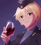  1girl absurdres black_jacket blonde_hair brave_witches cup drinking_glass garrison_cap hair_between_eyes hasegawa_(hase_popopo) hat highres jacket light_smile looking_at_viewer military military_uniform purple_background red_wine short_hair smile solo uniform upper_body waltrud_krupinski wine_glass world_witches_series yellow_eyes 
