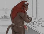  absurd_res anthro apron apron_only baking beard bovid bovine butt cattle charcoal_inpachi clothing facial_hair facial_piercing genitals hair half-erect hi_res horn kitchen male male/male mammal mostly_nude muscular nose_piercing nose_ring pasties penis piercing solo tail 