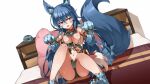  1girl animal_ears animal_feet animal_hands artist_request bed blue_hair breasts collar eyebrows_visible_through_hair fang froze_(monster_musume) game_cg long_hair medium_breasts midriff monster_musume_no_iru_nichijou monster_musume_no_iru_nichijou_online navel official_art on_bed pillow red_eyes sitting solo tail wardrobe_malfunction wolf_ears wolf_girl wolf_tail 