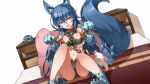  1girl animal_ears animal_feet animal_hands artist_request bed blue_hair breasts collar eyebrows_visible_through_hair fang froze_(monster_musume) game_cg long_hair medium_breasts midriff monster_musume_no_iru_nichijou monster_musume_no_iru_nichijou_online navel official_art on_bed pillow red_eyes sitting solo tail wolf_ears wolf_girl wolf_tail 